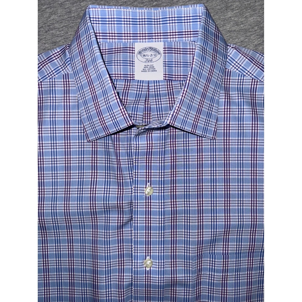 Brooks Brothers Mens Slim Fit Blue Plaid Non-Iron Shirt Business Size 16.5 33